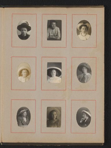 Nine portraits of young women, eight of them wearing hats