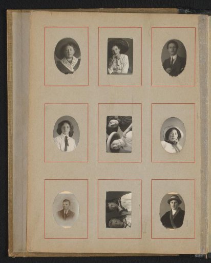 Five portraits of young women, two portraits of young men, one portrait of two young women wearing hats and one portrait of two boys in sailor suits