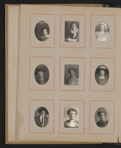 Nine portraits of young women, four of them wearing hats