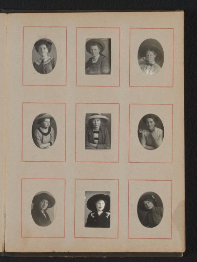 Nine portraits of young women, seven of them wearing hats