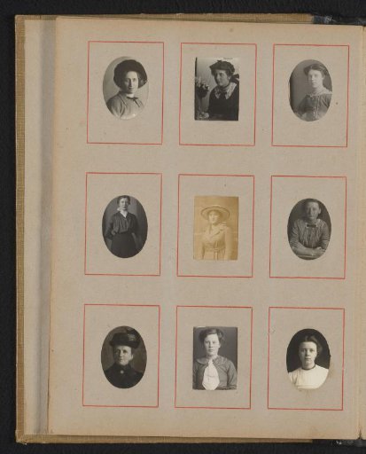 Nine portraits of women, three of them wearing hats