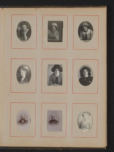 Seven portraits of young women, one portrait of a man and one portrait of a woman in white traditional dress with cap and ear protectors
