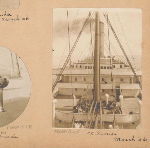 View of the decks, cabins, and a mast of the SS Amerika