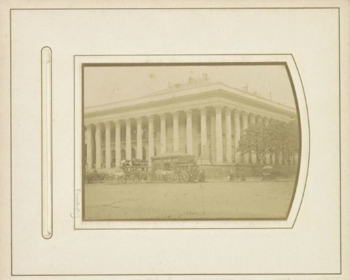View of the Paris Stock Exchange Building with horse trams in front