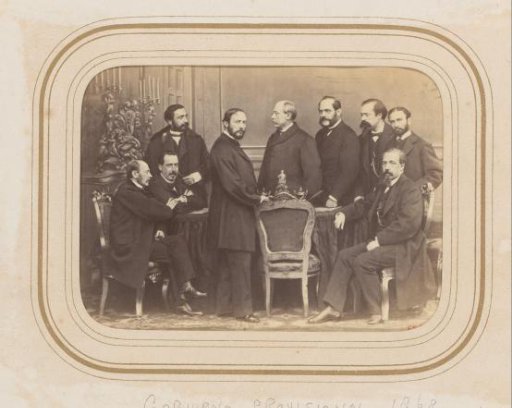 Group portrait of nine men from the interim government after the Spanish revolution of 1868
