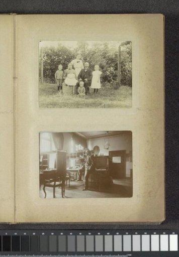 Group portrait of a man, a woman, a girl and four small children in a garden in Germany