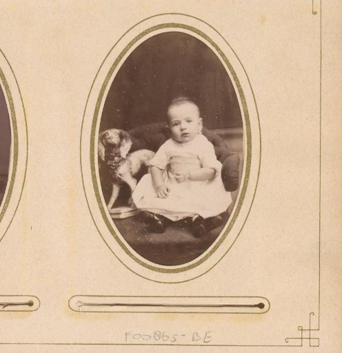 Portrait of a baby, seated in a chair with a toy dog