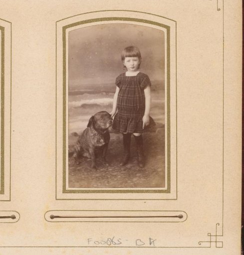 Portrait of a girl with a dog in front of a beach backdrop