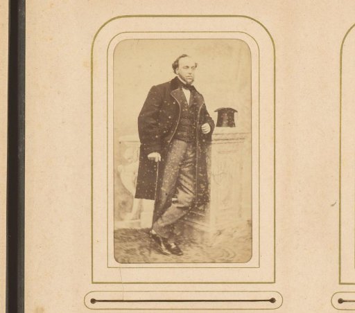 Portrait of a man with a walking stick in hand, standing by a pillar with a tall hat, identified as De Greef