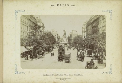 Rue du Temple and the Place de la République with the Monument to the Republic in Paris