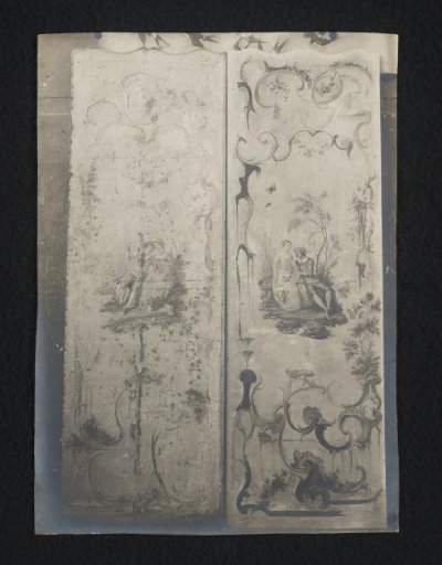 Two panels of wainscoting painted with a seated couple