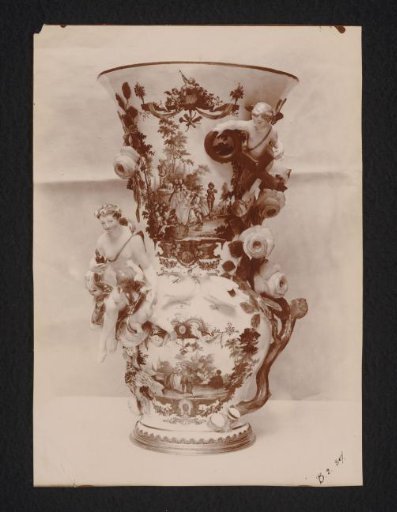 Vase decorated with two depictions of battles, drums, a soldier, and a putto with a symbol of masculinity