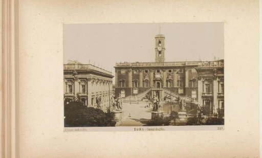 Piazza del Campidoglio with statues in front of the Palazzo Senatorio in Rome