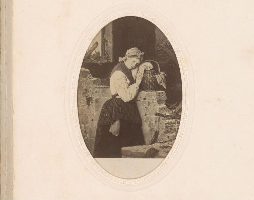 Photographic reproduction of a painting of a woman with a basket by a wall of a ruin by Johann Georg Meyer