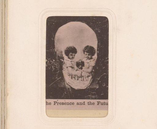 Reproduction of a painting of two girls in a room shaped like a skull