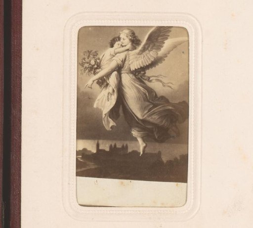 Photographic reproduction of a painting of an allegory of the night, depicting a flying angel with a child in its arms above a city