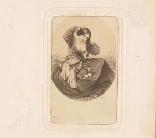 Photographic reproduction of a painting of a seated woman with flowers