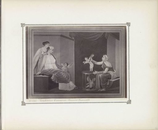 Photographic reproduction (possibly) of a print after a wall painting in Pompeii, depicting a seller of cupids