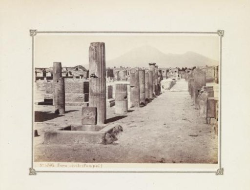 View of the remains of the forum in Pompeii with the Vesuvius in the background