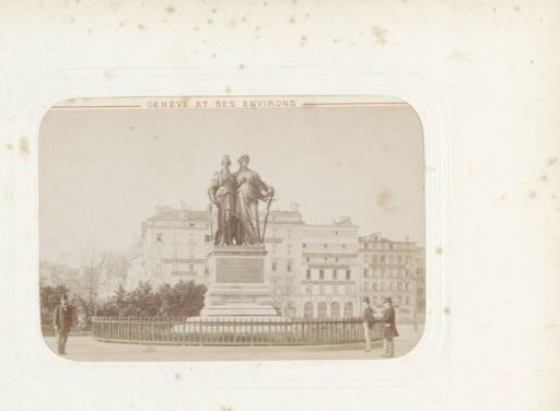 Square with men at the monument commemorating the reunion of the canton of Geneva with the Swiss Confederation in Geneva