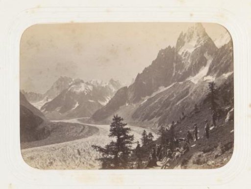 Walkers at the Mer de Glace in the Swiss Alps seen from the Montenvert