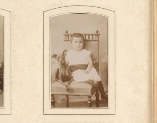 Portrait of a girl and a dog, seated on a chair