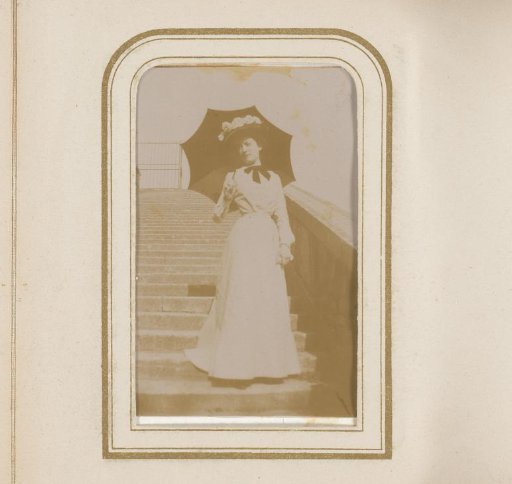 Portrait of a Woman with a Parasol, Standing on a Staircase