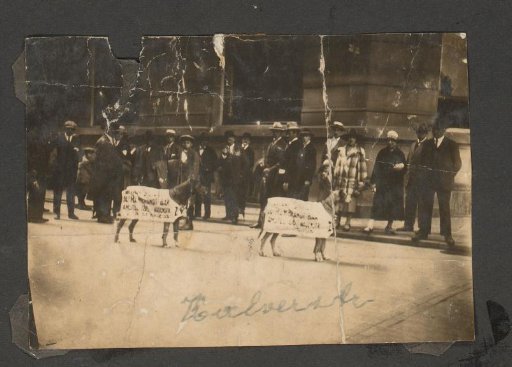 Procession of dogs with advertising signs and public in the Kalverstraat, in front of the Rembrandt bar