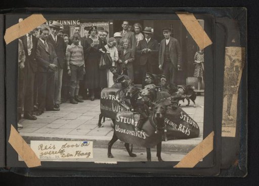 Dogs of the Puppet Doctor with advertising texts and audience, woman showing photos