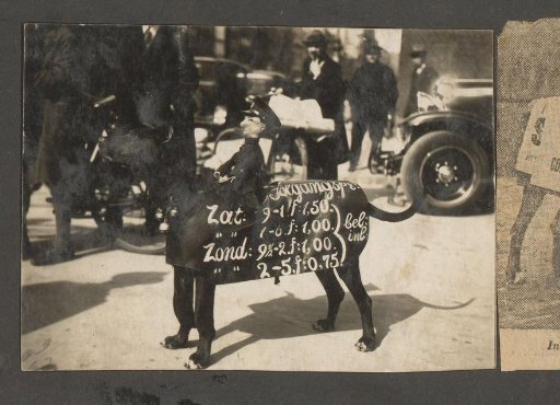Dog of the Puppet Doctor with advertising text and a doll on the back