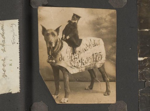 Portrait with a dog with puppet and advertising sign from the Puppet Doctor