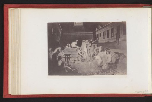 Photographic reproduction of a print depicting the interior of a bathhouse with bathing women