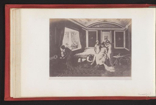 Photographic reproduction of a print depicting the interior of a house and the care of a woman by servants