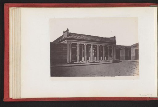 Photographic reproduction of a reconstruction of Pompeii, exterior of a house with front gallery