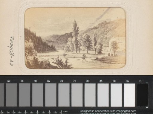 Photographic reproduction of a drawing of a bridge over a river and a forest