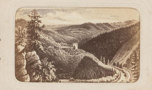 Photographic reproduction of a drawing of a castle among wooded hills