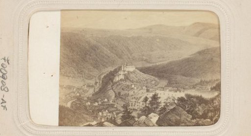 Photographic reproduction of a drawing of a hilly landscape
