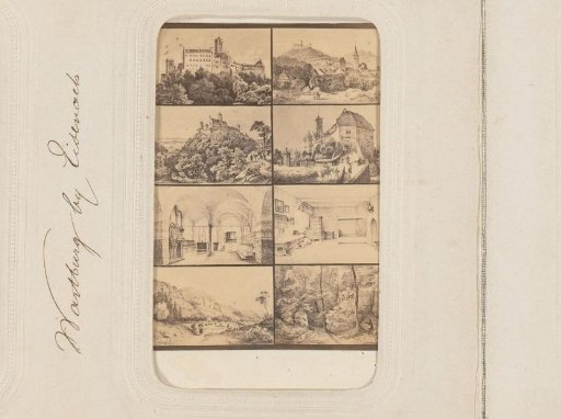 Photographic reproduction of a collage of eight prints of buildings and interiors