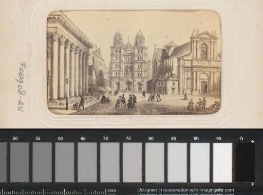 Photographic reproduction of a print of a view of Place du Théâtre in Dijon with the Grand Théâtre, Église Saint-Michel and Église Saint-Étienne