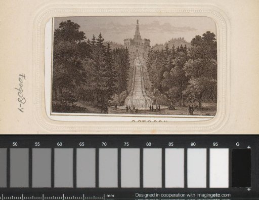 Photographic reproduction of a print of the Hercules Monument with the great cascades at Schloss Wilhelmshöhe