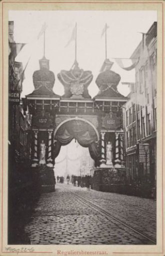 Victory gate in the Reguliersbreestraat during the April Festivals in 1887 in Amsterdam
