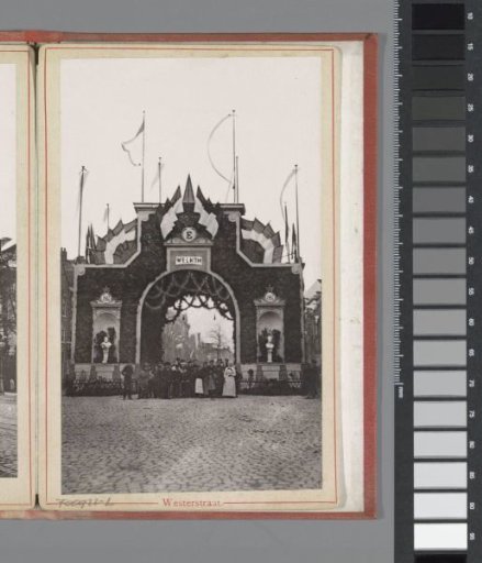 Triumphal arch in the Westerstraat during the April festivities in 1887 in Amsterdam