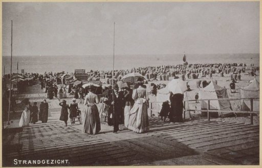 Beach Scene in Scheveningen with Bathing Guests, Plank Walkway, and Beach Chairs