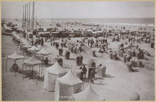 Beach Scene in Scheveningen with Bathing Guests, Bathing Carriages, and Beach Furniture