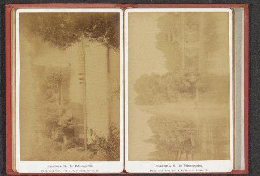 Pond with fountain and bridge in the Palm Garden of Frankfurt