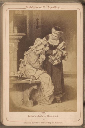 Photographic reproduction of (presumably) a drawing titled 'Gretchen Shows Martha the Jewels'