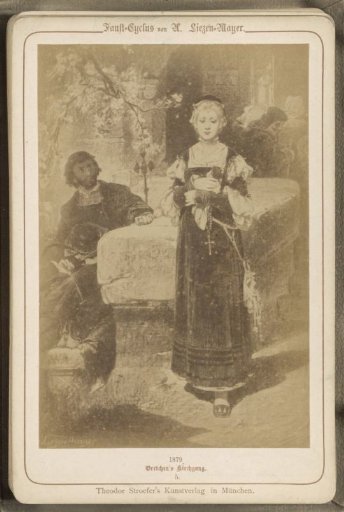 Photographic reproduction of (presumably) a drawing titled 'Gretchen's Church Visit'