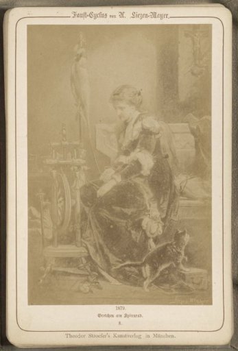 Photographic reproduction of (presumably) a drawing titled 'Gretchen at the Spinning Wheel'