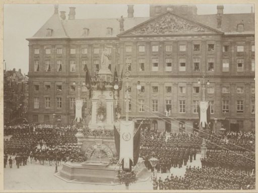 Military Salute to the Inaugurated Queen Wilhelmina and Queen Mother Emma, Both Standing on the Balcony of the Royal Palace on the Dam