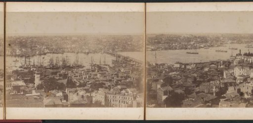View of city quarters of Istanbul and the Hayratiye Bridge over the Golden Horn